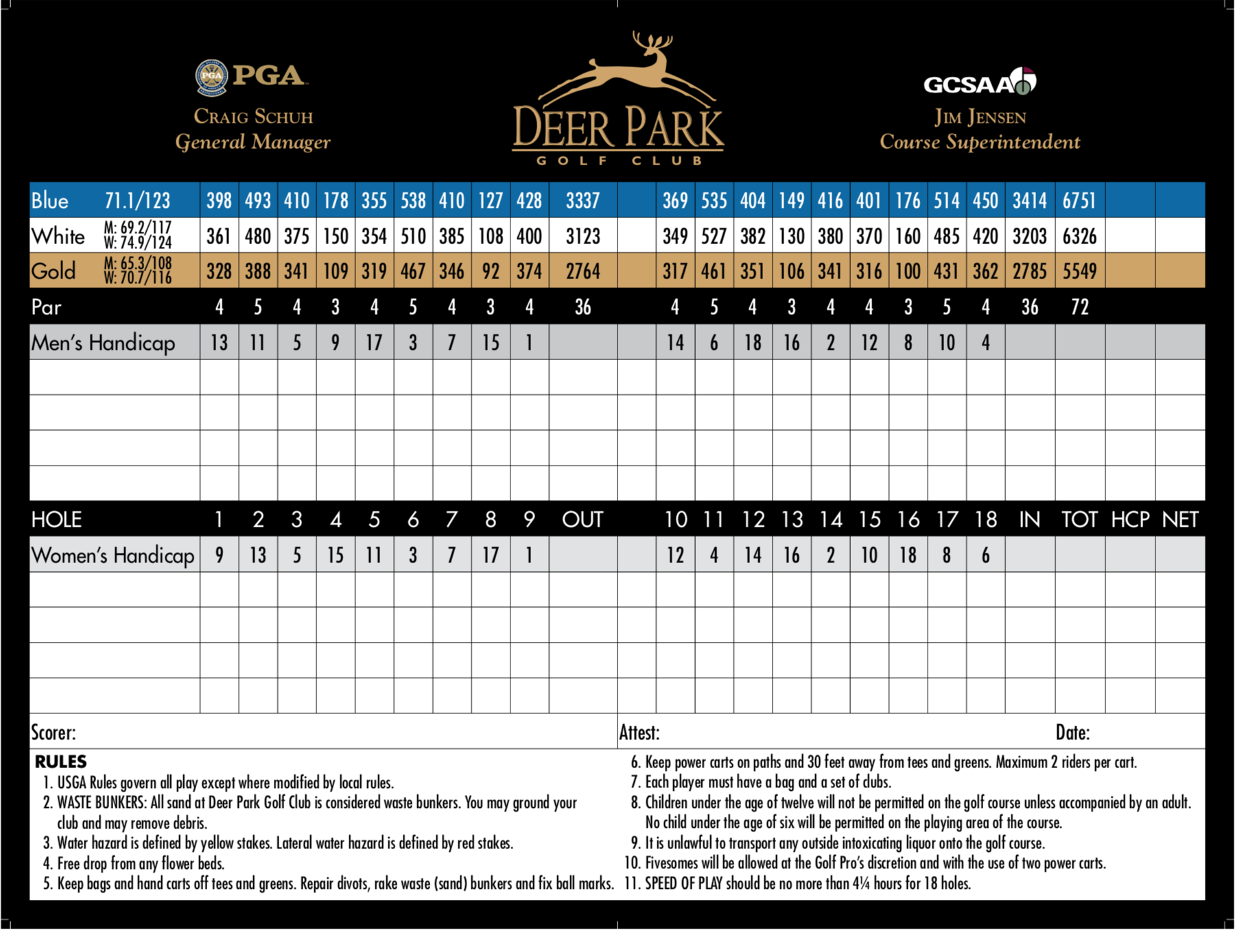 Deer Park Golf Club Scorecard